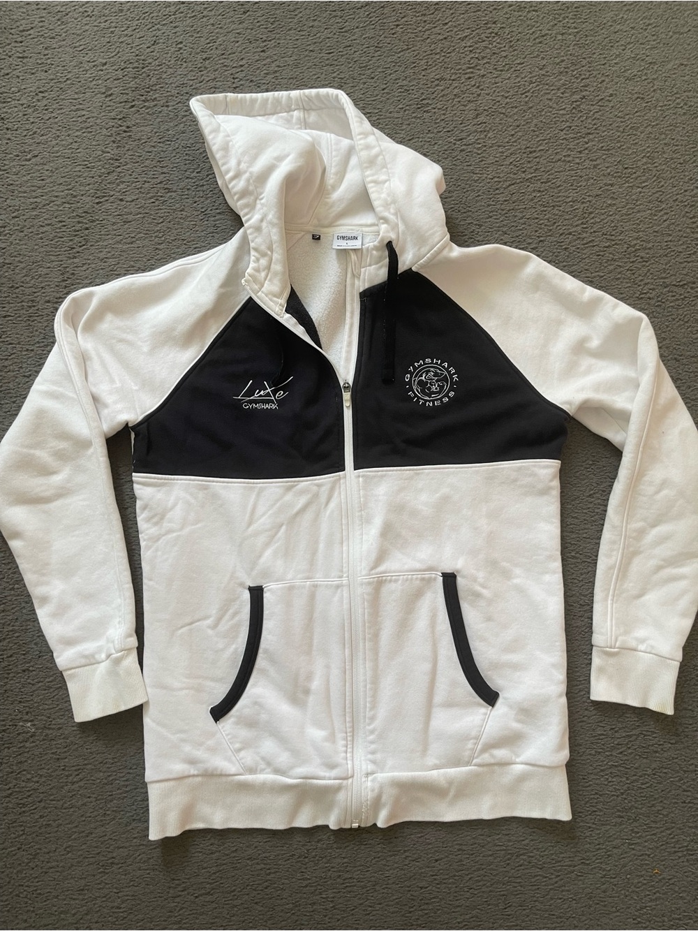 Gymshark White and Black Full-Zip Hooded Jacket
